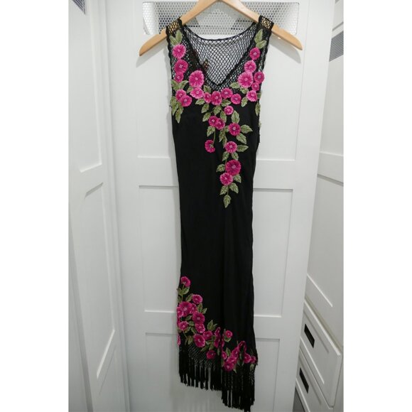 Vintage Cache 90s Midi Dress Silk Salsa Asymmetrical Fringe Tassel Rose Applique - Picture 9 of 15